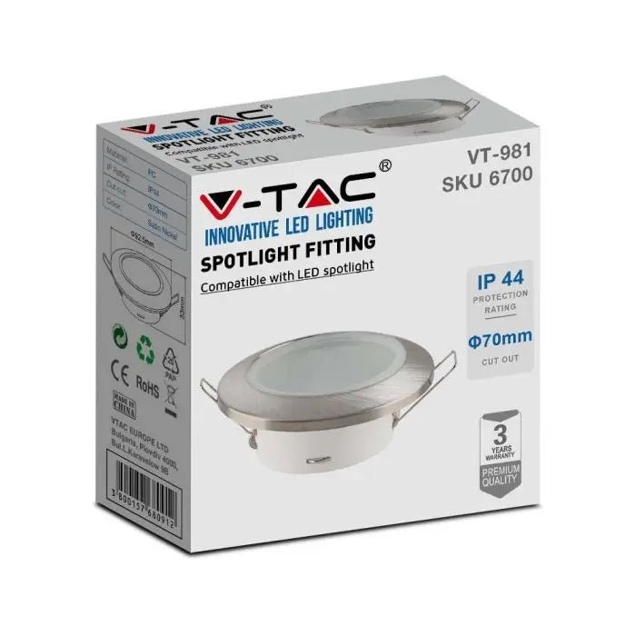 GU10 recessed frame/fixture, round, IP44, Ø92.5x33mm, recessed, with Dimm. Ø70mm, satin nickel, V-TAC