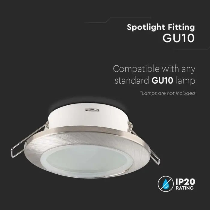 GU10 iebūvējams karkass/armatūra, apaļas formas, IP44, Ø92.5x33mm, iebūv. Izm. Ø70mm, satīna niķelis, V-TAC