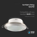 GU10 iebūvējams karkass/armatūra, apaļas formas, IP44, Ø92.5x33mm, iebūv. Izm. Ø70mm, satīna niķelis, V-TAC