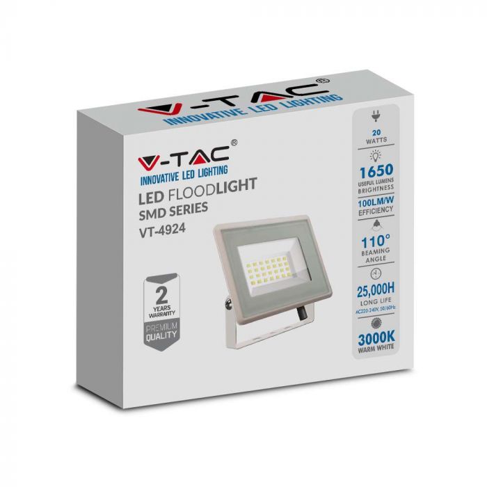 SUPERAKCIJA_20W(1650Lm) LED prožektors, V-TAC, IP65, balts, neitrāli balta gaisma 4000K