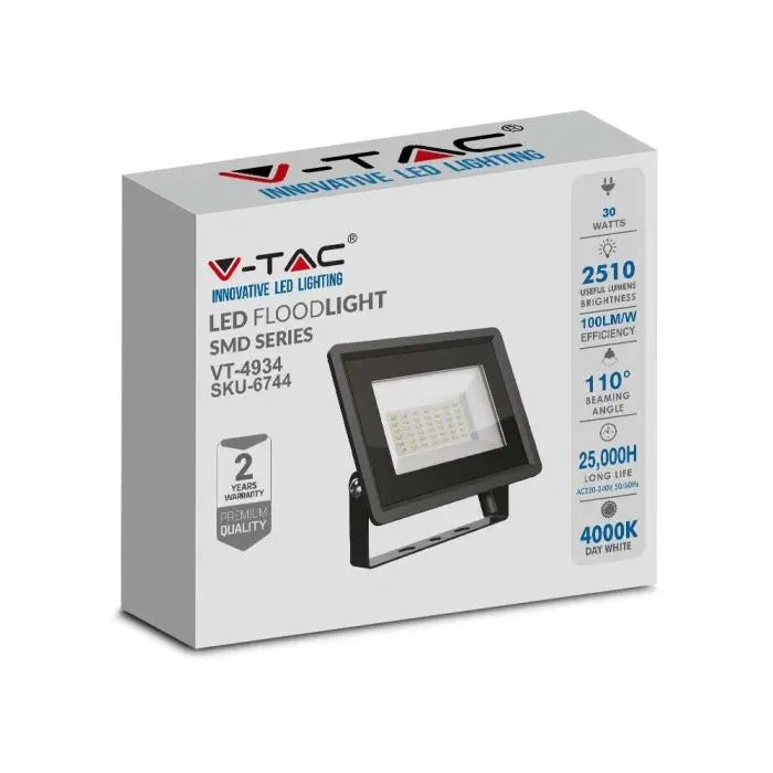 30W(2510lM) LED-strålkastare, V-TAC, IP65, svart, neutralvitt ljus 4000K