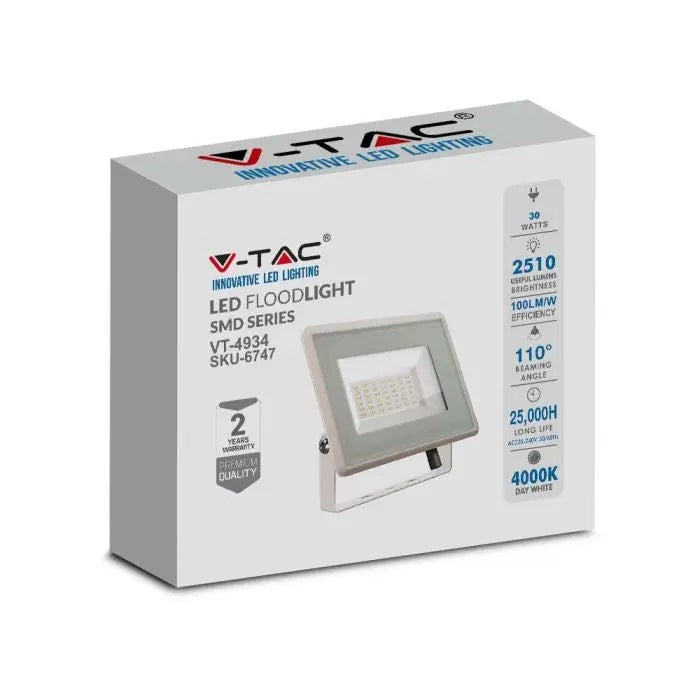 30W(2510lM) LED-strålkastare, V-TAC, IP65, vitt, kallvitt ljus 6500K