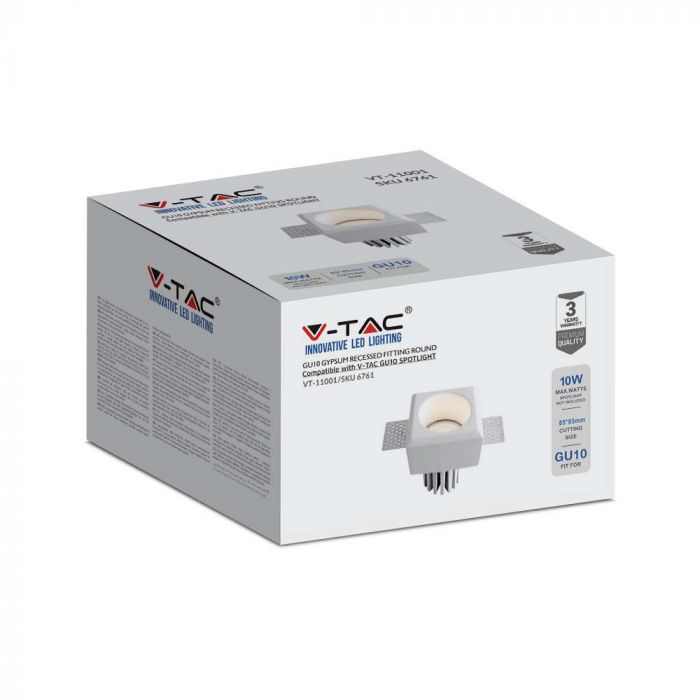 GU10 recessed plasterboard frame/fixture, square, white, 80x80x50mm, recessed. Size: 5 mm 85x85mm, V-TAC