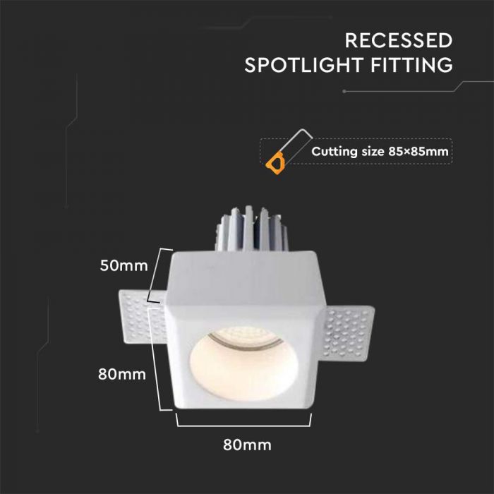 GU10 infälld ram/armatur för gipsskivor, kvadratisk, vit, 80x80x50mm, infälld. Storlek: 5 mm 85x85mm, V-TAC