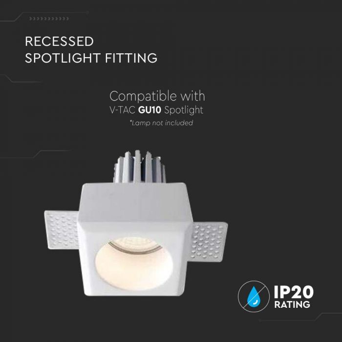 GU10 infälld ram/armatur för gipsskivor, kvadratisk, vit, 80x80x50mm, infälld. Storlek: 5 mm 85x85mm, V-TAC