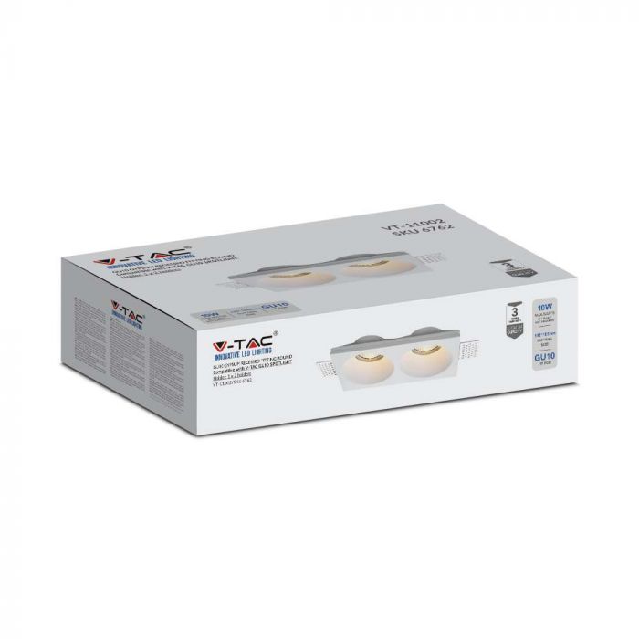 GU10 recessed plaster frame/fixture for 2 bulbs, square, white, 190x100x40mm, recessed. izm. 195x105mm, V-TAC