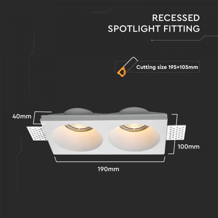 GU10 встраиваемая гипсовая рамка/светильник на 2 лампочки, квадратная, белая, 190x100x40 мм, встраиваемая.  195x105 мм, V-TAC