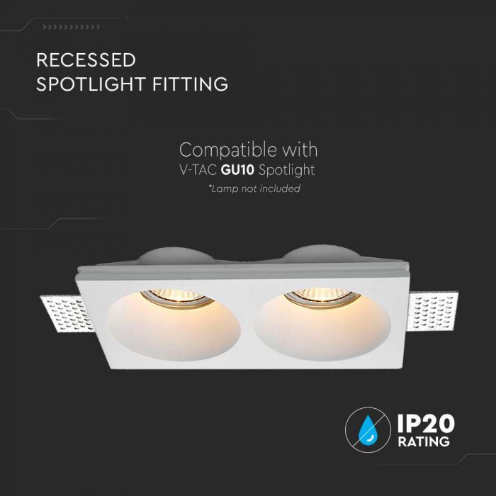 GU10 recessed plaster frame/fixture for 2 bulbs, square, white, 190x100x40mm, recessed. izm. 195x105mm, V-TAC