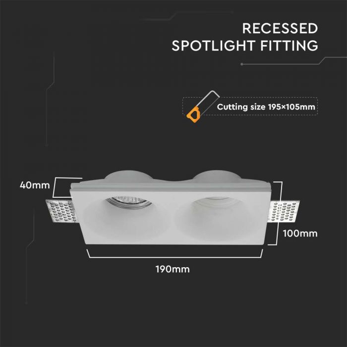 GU10 recessed plaster frame/fixture for 2 bulbs, square, white, 190x100x40mm, recessed. izm. 195x105mm, V-TAC