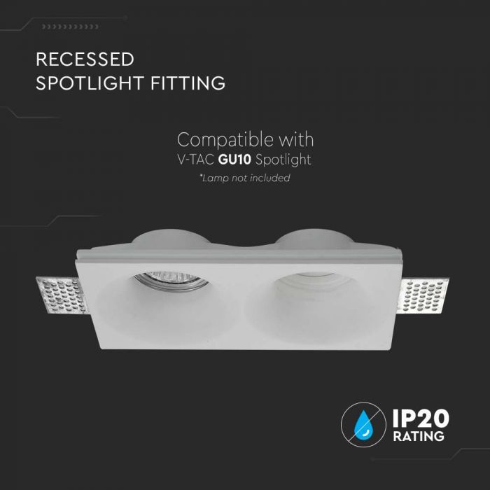GU10 recessed plaster frame/fixture for 2 bulbs, square, white, 190x100x40mm, recessed. izm. 195x105mm, V-TAC