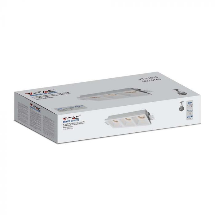 3xGU10 встраиваемая гипсокартонная рамка/светильник, квадратная, белая, IP20, V-TAC