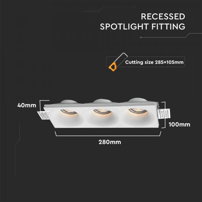 GU10 infälld gipsram/armatur för 3 glödlampor, kvadratisk, vit, 280x100x40mm, infälld. storlek 285x105mm, V-TAC