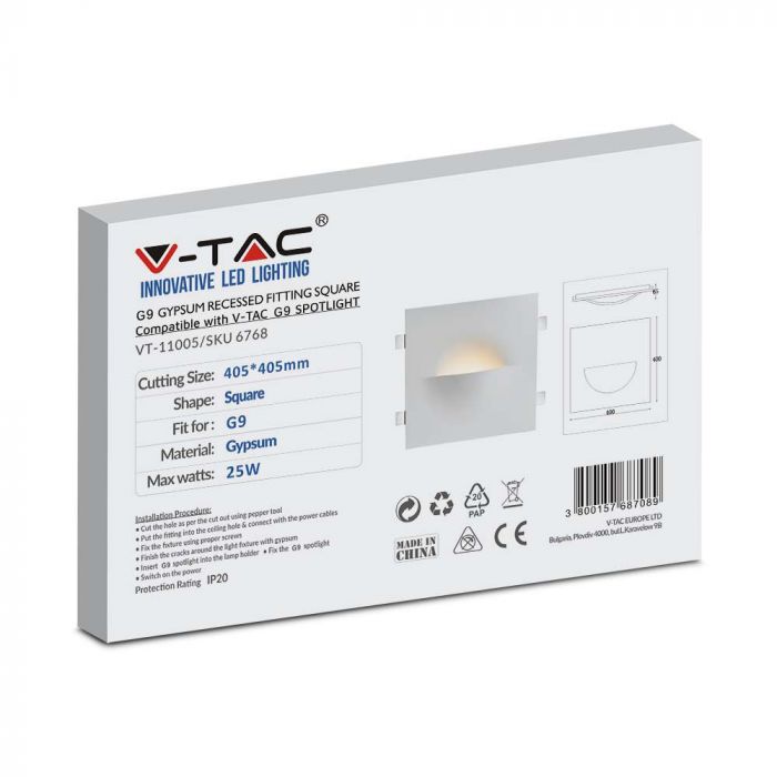 G9 süvistatud kipsplaadi raam/valgusti, kandiline, valge, 400x400x65mm, süvistatud suurus: 3,5 x 3,5 mm 405x405mm, V-TAC
