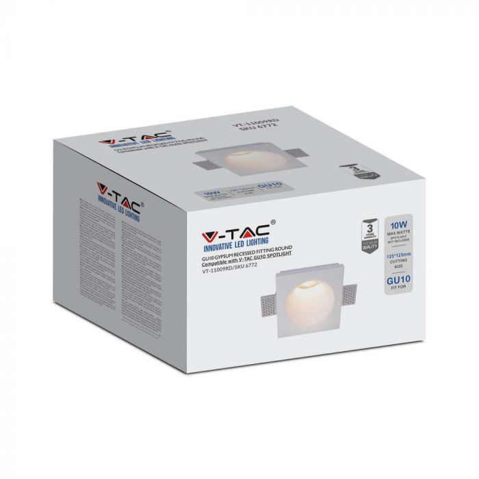 GU10 recessed plasterboard frame/fixture, square, white, 120x120x60mm, recessed. Size: 120 x 120 x 120 mm 125x125mm, V-TAC