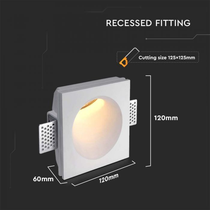 GU10 recessed plasterboard frame/fixture, square, white, 120x120x60mm, recessed. Size: 120 x 120 x 120 mm 125x125mm, V-TAC