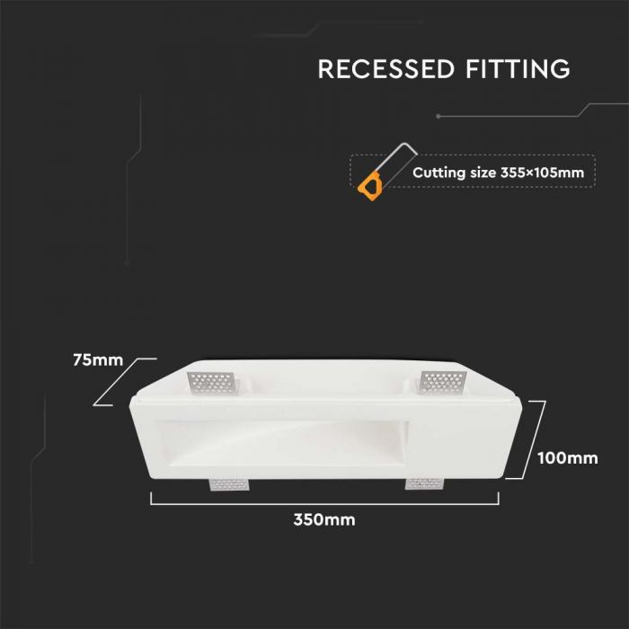 GU10 recessed plasterboard frame/fixture, square, white, 350x100x75mm, recessed. Size. 355x105mm, V-TAC