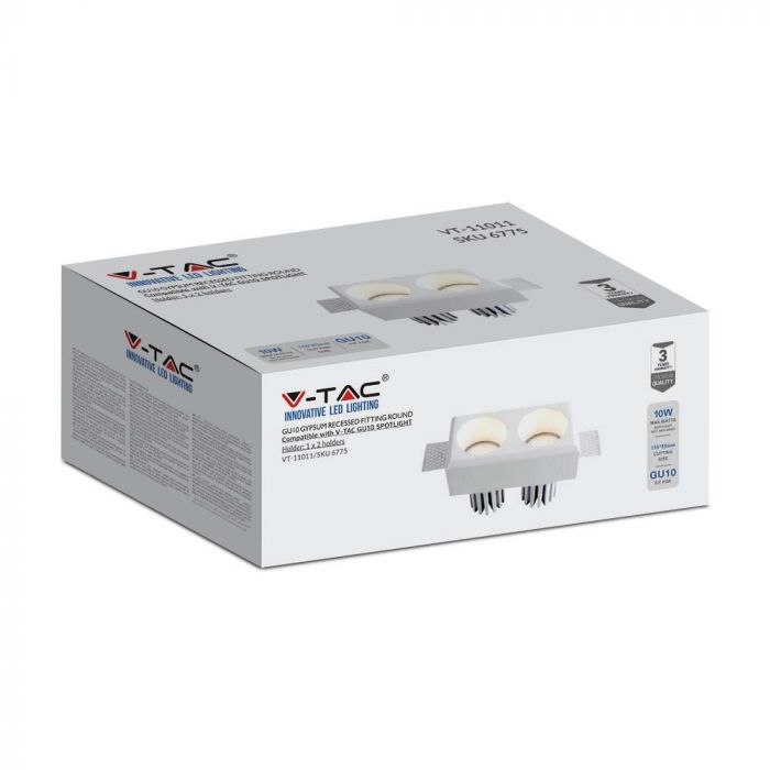 GU10 iebūvējams ģipša karkass/armatūra 2 spuldzēm, kvadrāta formas, balts, 150x80x50mm, iebūv. izm. 155x85mm, V-TAC