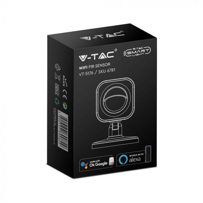WIFI PIR-sensor, kompatibel med V-TAC Smart Light-appen eller Alexa och Google Home, 2xAAA, 2,4GHz, 1,5Vx2,