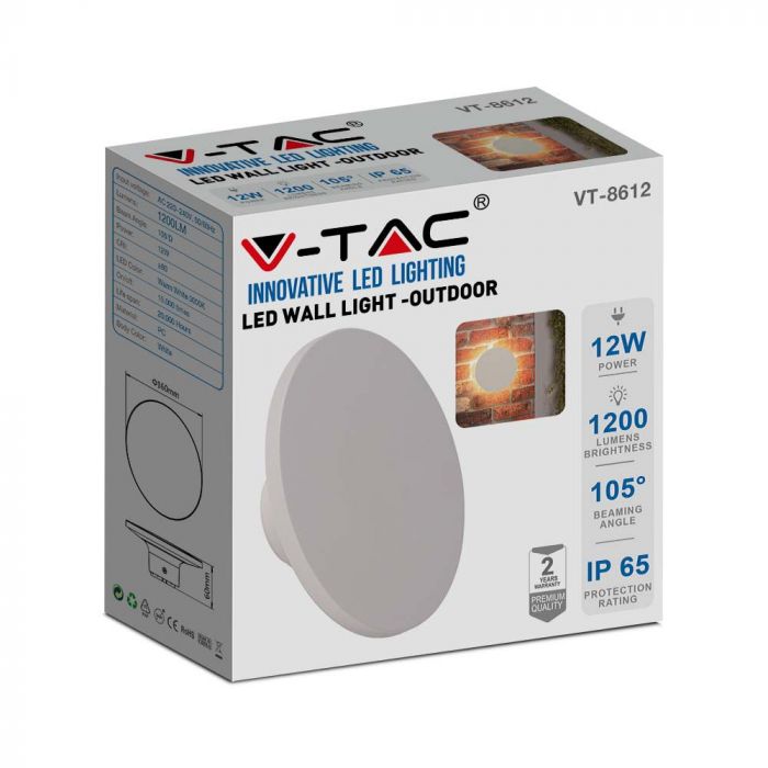 12W(1200Lm) LED dome light, round, white, V-TAC, IP65, warm white light 3000K