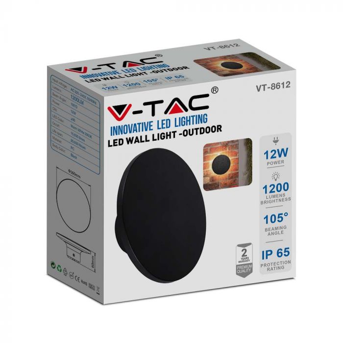 12W(1200Lm) LED kuppelvalgusti, ümmargune, must, V-TAC, IP65, soe valge valgus 3000K