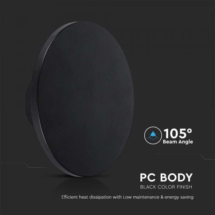 12W(1200Lm) LED kuppelvalgusti, ümmargune, must, V-TAC, IP65, soe valge valgus 3000K