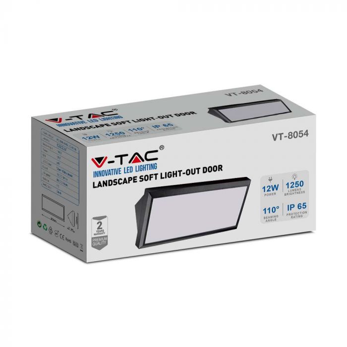12W(1250Lm) LED Facade light, square shape, V-TAC, IP65, black, neutral white light 4000K
