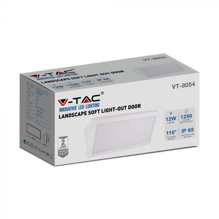 12W(1250Lm) LED Fasādes gaismeklis, kvadrāta formas, V-TAC, IP65, balts, silti balta gaisma 3000K