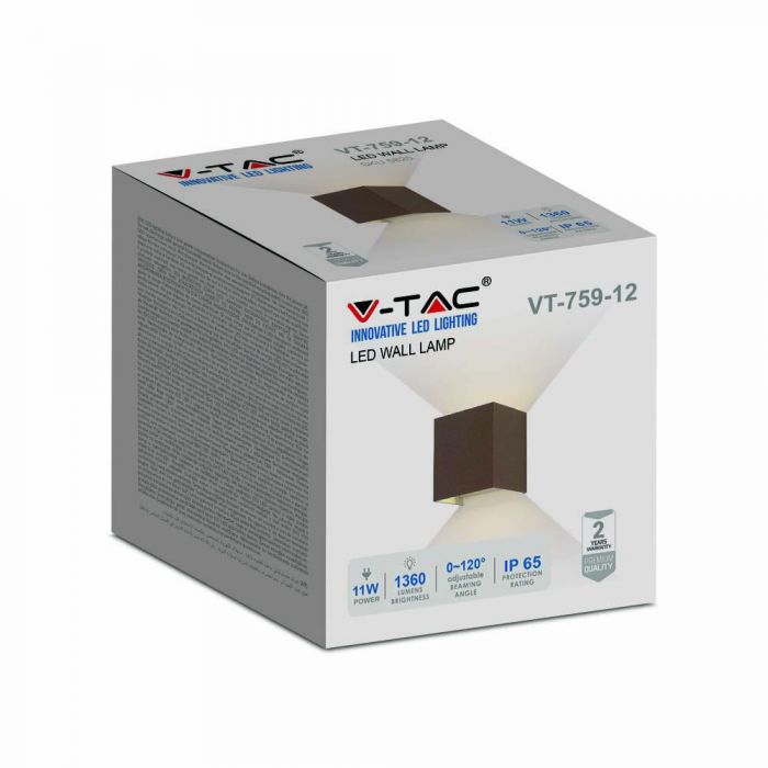 11W(1360Lm) BRIDGELUX LED fasadarmatur, brun, IP65, fyrkantig, varmvit 3000K