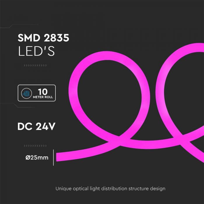 12W/m LED NEON FLEX pink ribbon, 24V, V-TAC, 10m, IP20, SMD2835