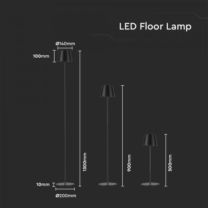 4W (300Lm) LED põrandalamp, V-TAC, IP54, DC:5V, 1A-2A, 4400mA BATTERI, must, soe valge valgus 3000K