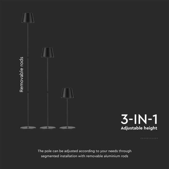 4W (300Lm) LED põrandalamp, V-TAC, IP54, DC:5V, 1A-2A, 4400mA BATTERI, must, soe valge valgus 3000K