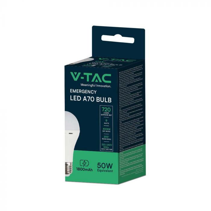 E27 9W(720Lm) LED-lampa med batteri (3h), V-TAC, A70, IP20, neutralvit 4000K