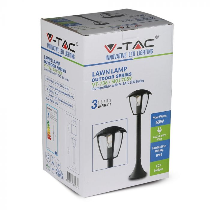 AKCIJA_V-TAC Dārza laternas/lampas karkass ar 1xE27 LED spuldzi (spuldze nav iekļauta), vertikāls, H60cm, IP65/IP67