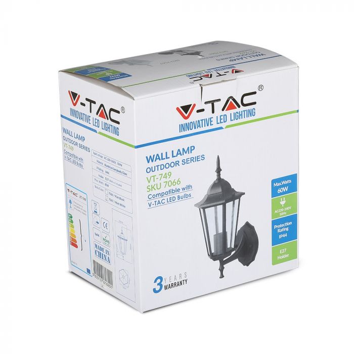 V-TAC fassaadilambi raam 1xE27 LED-pirniga (pirn ei kuulu komplekti), pirn suunaga ülespoole, must, IP44