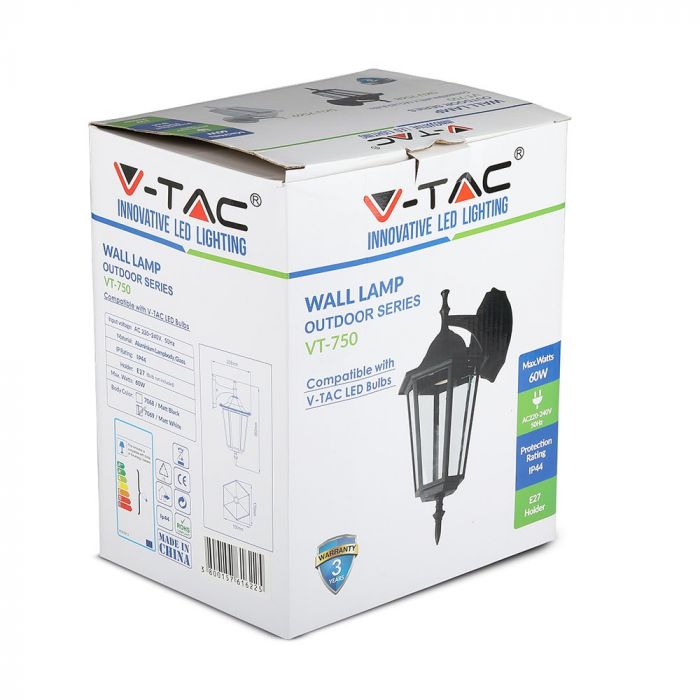 V-TAC fassaadilambi raam 1xE27 LED-pirniga (pirn ei kuulu komplekti), pirn suunaga alla, must, IP44