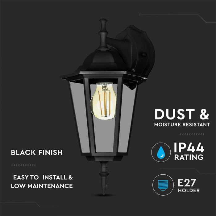 V-TAC fassaadilambi raam 1xE27 LED-pirniga (pirn ei kuulu komplekti), pirn suunaga alla, must, IP44