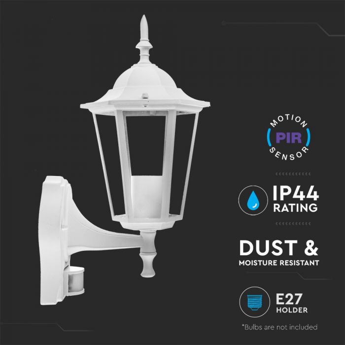 V-TAC Fasadlampram med 1xE27 LED-lampa (glödlampa ingår ej), inbyggd rörelsesensor, lampan vänd uppåt, vit, IP44
