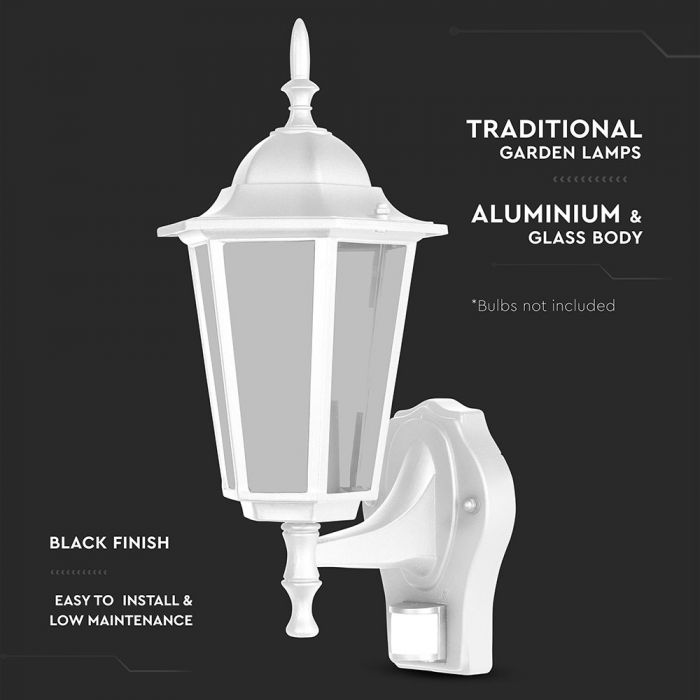 V-TAC Fasadlampram med 1xE27 LED-lampa (glödlampa ingår ej), inbyggd rörelsesensor, lampan vänd uppåt, vit, IP44