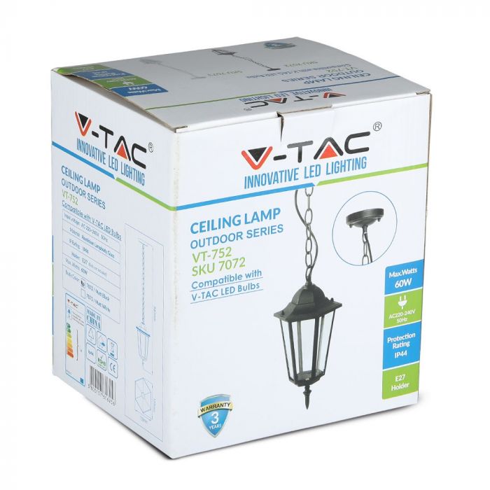 URVAL AV BUTIKER!!! V-TAC Trädgårdslykta ram med 1xE27 LED-lampa (glödlampa ingår ej), hängande, svart, IP44