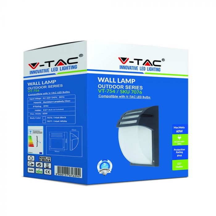 V-TAC Facade lamp frame with 1xE27 LED bulb (bulb not included), black, IP44