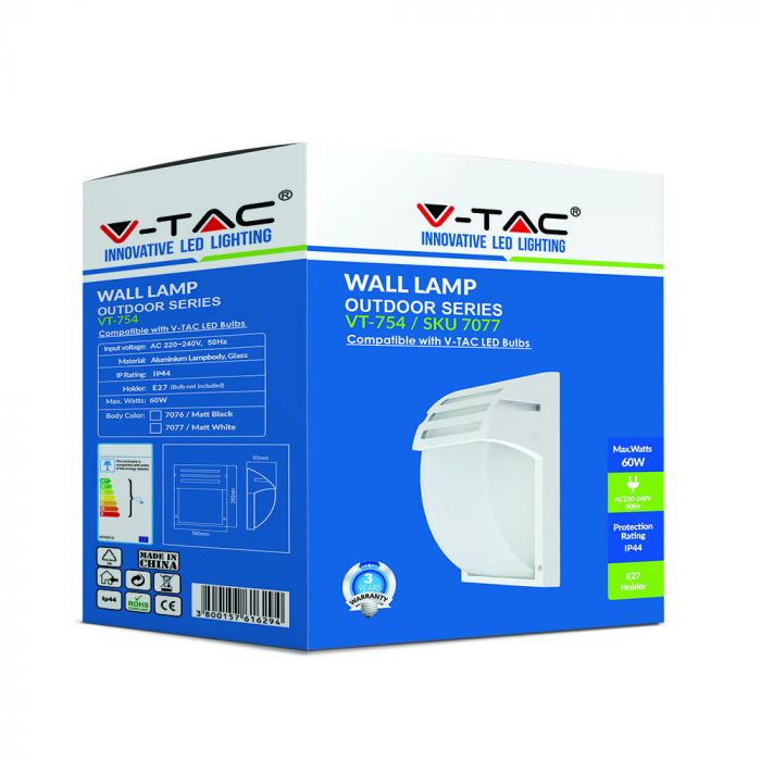 V-TAC fassaadilambi raam 1xE27 LED-pirniga (pirn ei kuulu komplekti), valge, IP44