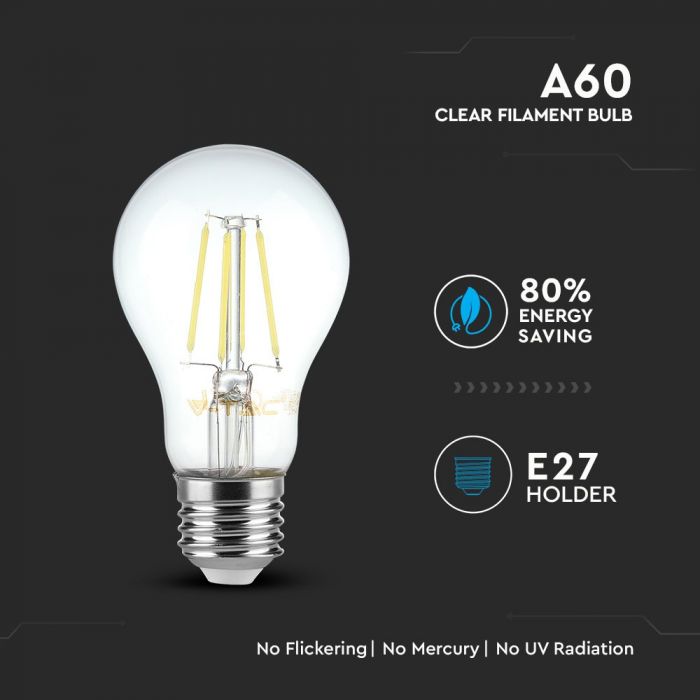E27 4W(400Lm) LED-lampa med glödtråd, A60, V-TAC, kallvit 6400K