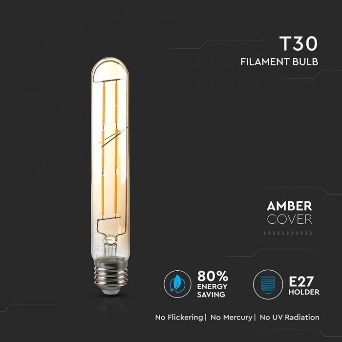 E27 6W(600Lm) LED Bulb Filament AMBER, T30, V-TAC, warm white light 2200K