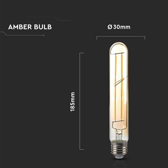 E27 6W(600Lm) LED лампа филамент AMBER, T30, V-TAC, теплый белый свет 2200K