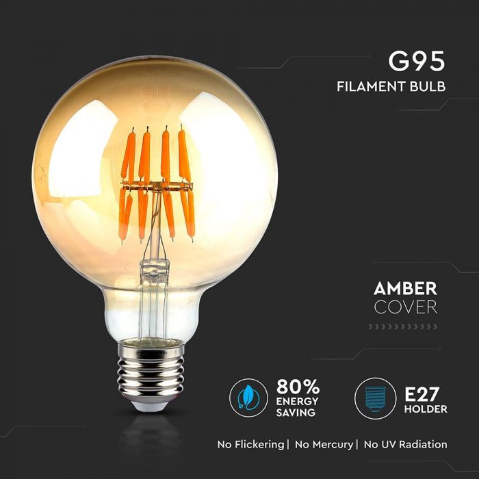 E27 8W(720Lm) LED Spuldze Filament AMBER, G95, V-TAC, silti balta gaisma 2200K