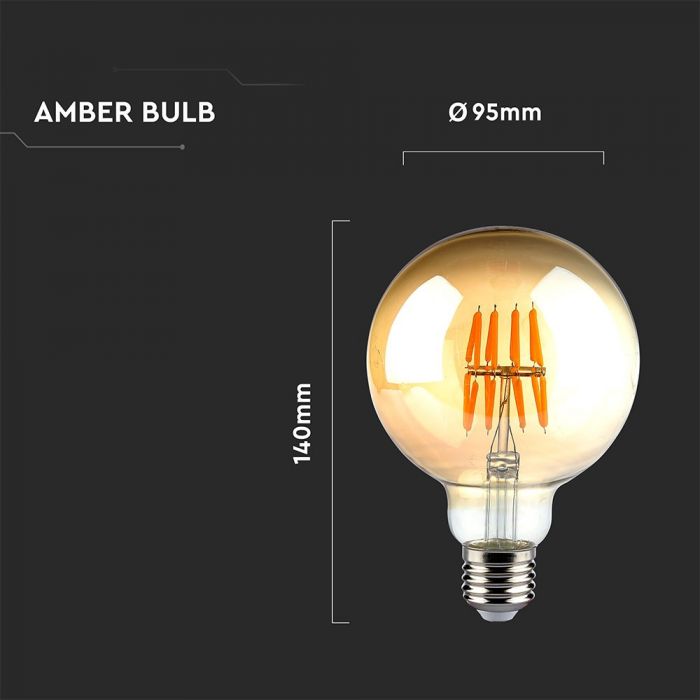 E27 8W(720Lm) LED-lambi hõõgniit AMBER, G95, V-TAC, soe valge valgus 2200K