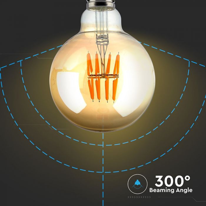 E27 8W(720Lm) LED Spuldze Filament AMBER, G95, V-TAC, silti balta gaisma 2200K