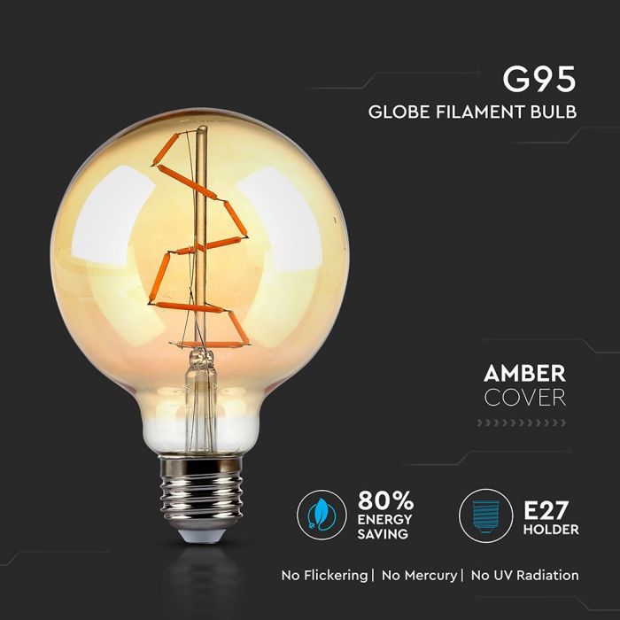 E27 4W(350Lm) LED-lampa Filament AMBER, G95, V-TAC, varmvitt ljus 2200K