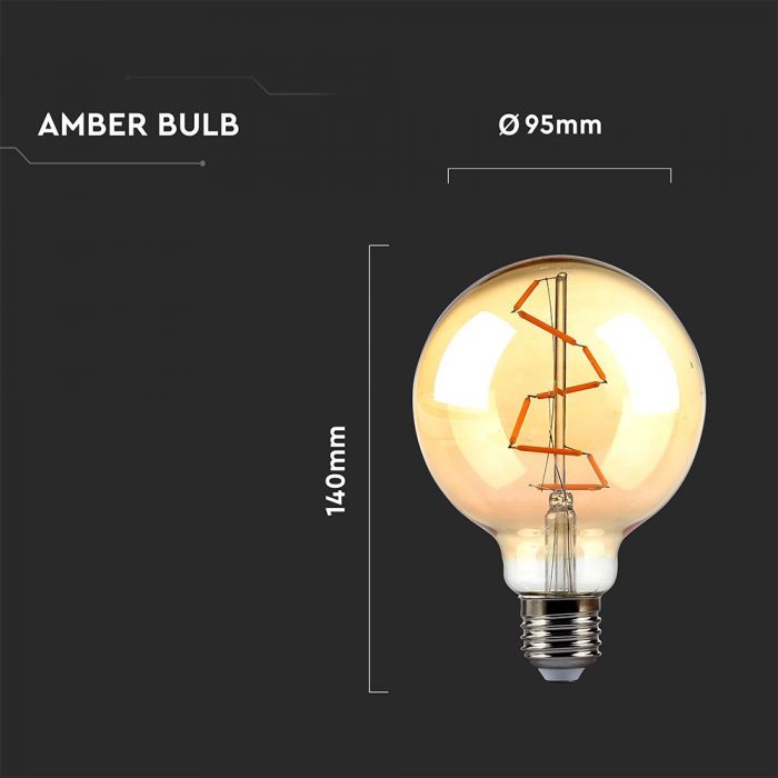 E27 4W(350Lm) LED-lambi hõõgniit AMBER, G95, V-TAC, soe valge valgus 2200K