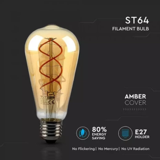 E27 5W(300Lm) LED Spuldze Filament AMBER, ST64, V-TAC, silti balta gaisma 2200K